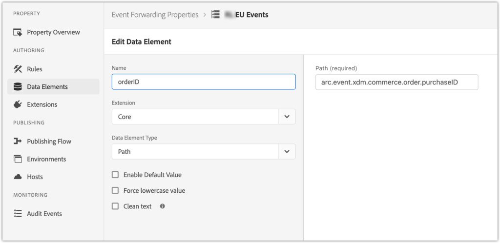Adobe Experience Platform, Edit Data Element user interface